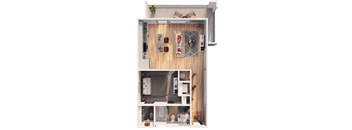 A 3D floor plan of a small apartment with a living room, kitchen, and bathroom.