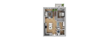A top-down view of a small apartment with a kitchen, living room, and bathroom.