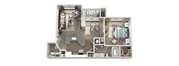 A 3D floor plan of a house with a living room, kitchen, and bathroom.