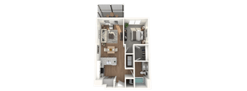A top-down view of a small apartment layout with a kitchen, living room, and bedroom.