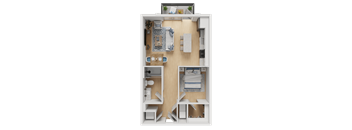 A 3D floor plan of a small apartment with a kitchen, living room, and bedrooms.