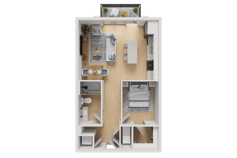 A 3D floor plan of a small apartment with a kitchen, living room, and bedrooms.