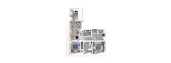 A white floor plan of a house with a kitchen, living room, and bathroom.