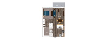 A floor plan of a house with a bedroom, living room, kitchen, and bathroom.