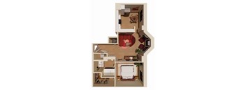 A top-down view of a small apartment with a bedroom, living room, and kitchen.