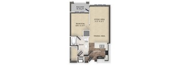 A floor plan of a one bedroom apartment with a balcony.
