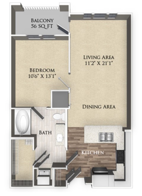 A floor plan of a one bedroom apartment with a balcony.