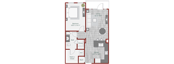 A floor plan of a living space with a kitchen, bathroom, and bedroom.