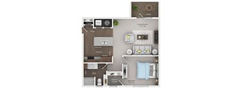 A floor plan of a small apartment with a living room, bedroom, kitchen, and bathroom.