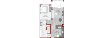 A floor plan of a house with a living room, bedroom, bathroom, kitchen, walk-in closet, and a mech.