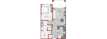 A floor plan of a house with a living room, bedroom, bathroom, kitchen, and walk-in closet.