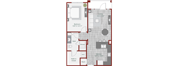 A floor plan of a living space with a bedroom, bathroom, kitchen, and walk-in closet.