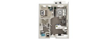 A top-down view of a small apartment with a living room, kitchen, and bathroom.