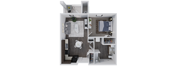 A 3D rendered image of a modern bedroom with a bed, nightstand, and shelves.