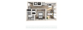 A floor plan of a small apartment with a kitchen, living room, bedroom, bathroom, and closet.