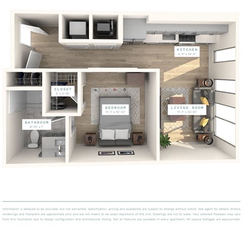 A floor plan of a small apartment with a kitchen, living room, bedroom, bathroom, and closet.