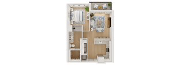 A top-down view of a small, neatly organized apartment with a kitchen, living room, and bathroom.
