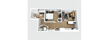 A top-down view of a modern apartment layout with a kitchen, living room, and bedrooms.