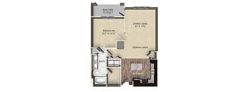 A floor plan of a house with a balcony, bedroom, living area, dining area, kitchen, and bathroom.