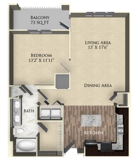 A floor plan of a house with a balcony, bedroom, living area, dining area, kitchen, and bathroom.