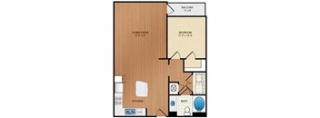 A floor plan of a small apartment with a living room, bedroom, kitchen, and bathroom.