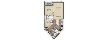 A floor plan of an apartment with a living area, dining area, kitchen, study, bedroom and bathroom.