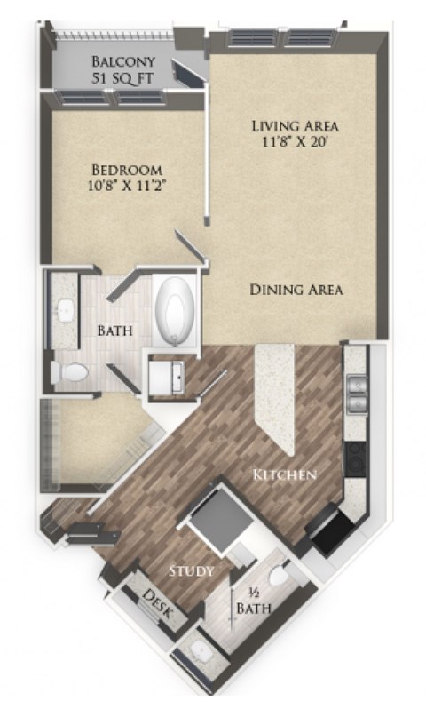 A floor plan of an apartment with a living area, dining area, kitchen, study, bedroom and bathroom.