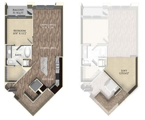 A floor plan of a one bedroom apartment with a living area, dining area, kitchen, and bath.