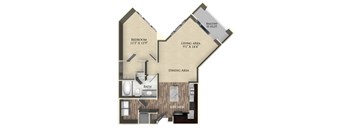 A floor plan of a house with a balcony, bedroom, living area, dining area, bathroom, and kitchen.