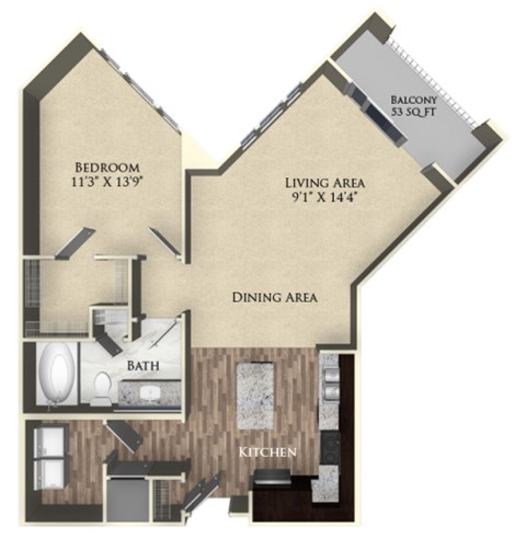 A floor plan of a house with a balcony, bedroom, living area, dining area, bathroom, and kitchen.