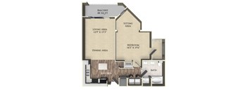 A floor plan of a balcony apartment with a living area, dining area, kitchen, bedroom, bathroom, and sitting area.