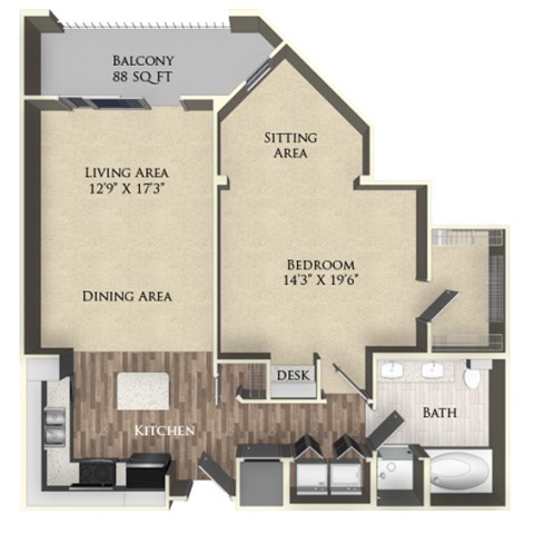 A floor plan of a balcony apartment with a living area, dining area, kitchen, bedroom, bathroom, and sitting area.