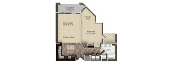A floor plan of a home with a living area, dining area, kitchen, bedroom, and bathroom.