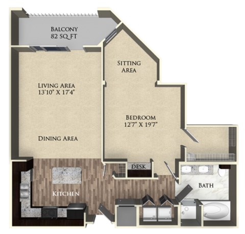 A floor plan of a home with a living area, dining area, kitchen, bedroom, and bathroom.