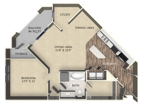 A floor plan of a house with a study, dining area, living area, kitchen, bath, bedroom, and storage.