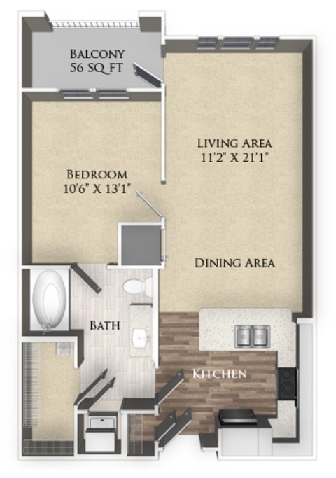 A floor plan of a small apartment with a balcony, bedroom, living area, dining area, bathroom, and kitchen.
