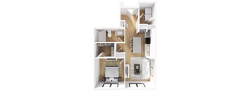 A modern apartment with a kitchen, living room, and bathroom.