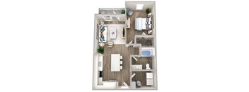 A 3D floor plan of a small apartment with a living room, kitchen, and bedroom.