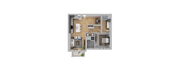 A top down view of a house layout with a kitchen, living room, dining room, and bathroom.