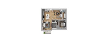 A top-down view of a small apartment with a kitchen, living room, and bathroom.