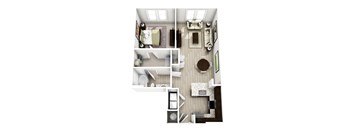 a 3d drawing of the living room of a 2100 sq ft apartment