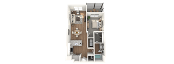 A top-down view of a house layout with a kitchen, living room, and bedrooms.