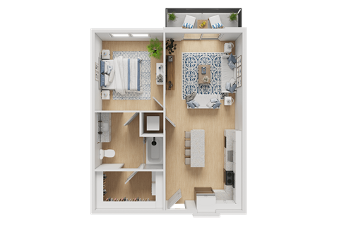 A 3D floor plan of a small apartment with a kitchen, living room, and bathroom.