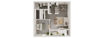 a stylized floor plan with a bedroom and living room