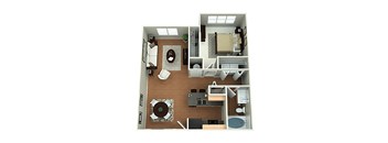 A floor plan of a small apartment with a kitchen, living room, and bathroom.