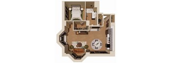 A top-down view of a small apartment layout with a bedroom, living room, kitchen, and bathroom.
