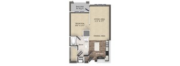 A floor plan of an apartment with a balcony, bedroom, living area, dining area, bathroom, and kitchen.