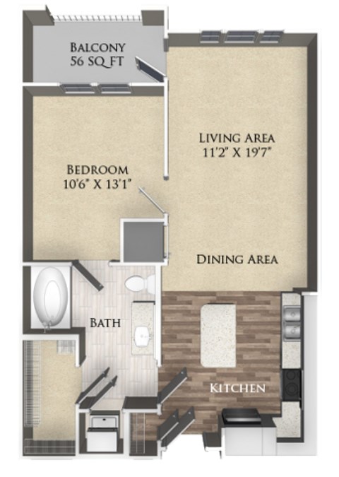 A floor plan of an apartment with a balcony, bedroom, living area, dining area, bathroom, and kitchen.