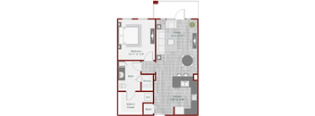 A floor plan of a house with a living room, bedroom, bathroom, kitchen, and walk-in closet.