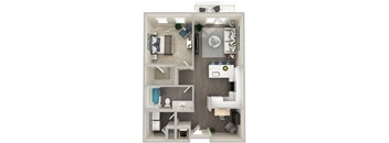 A 3D floor plan of a small apartment with a kitchen, living room, and bathroom.